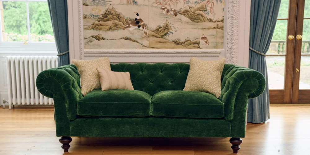 Chesterfield sofa by Delcor in green velvet by Linwood